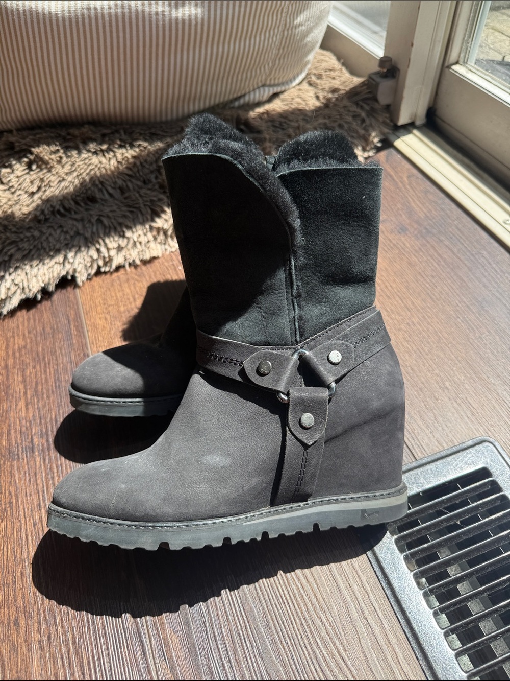 Black Suede Shearling-Lined Wedge Booties